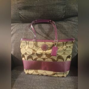 Coach plum/khaki signature stripe zip handbag